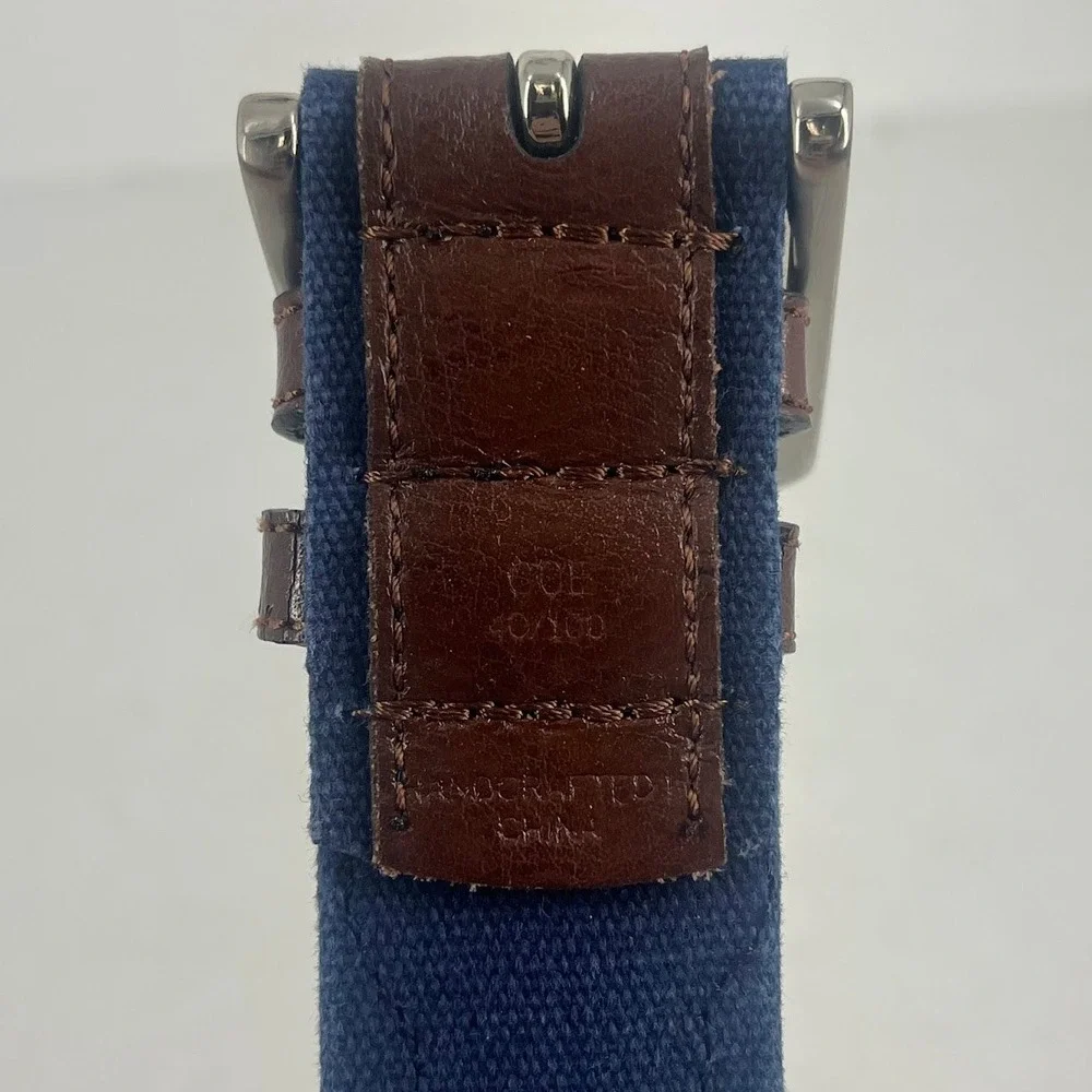 Nautica Mens Belt Brown‎ Leather Blue Canvas Silver Buckle Size 40